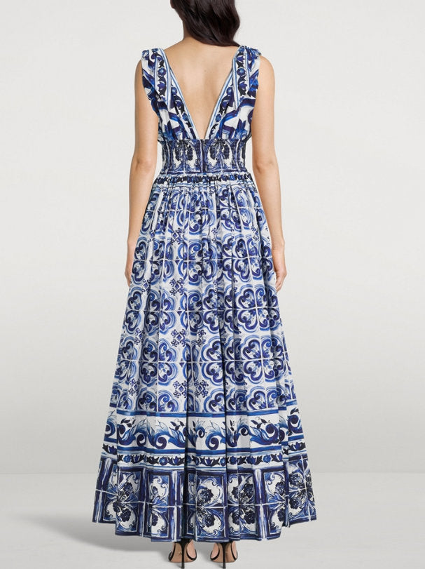 Majolica-Print Long Poplin Dress