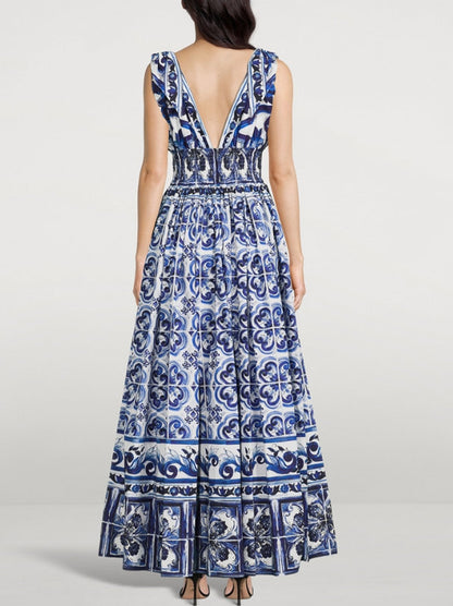 Majolica-Print Long Poplin Dress
