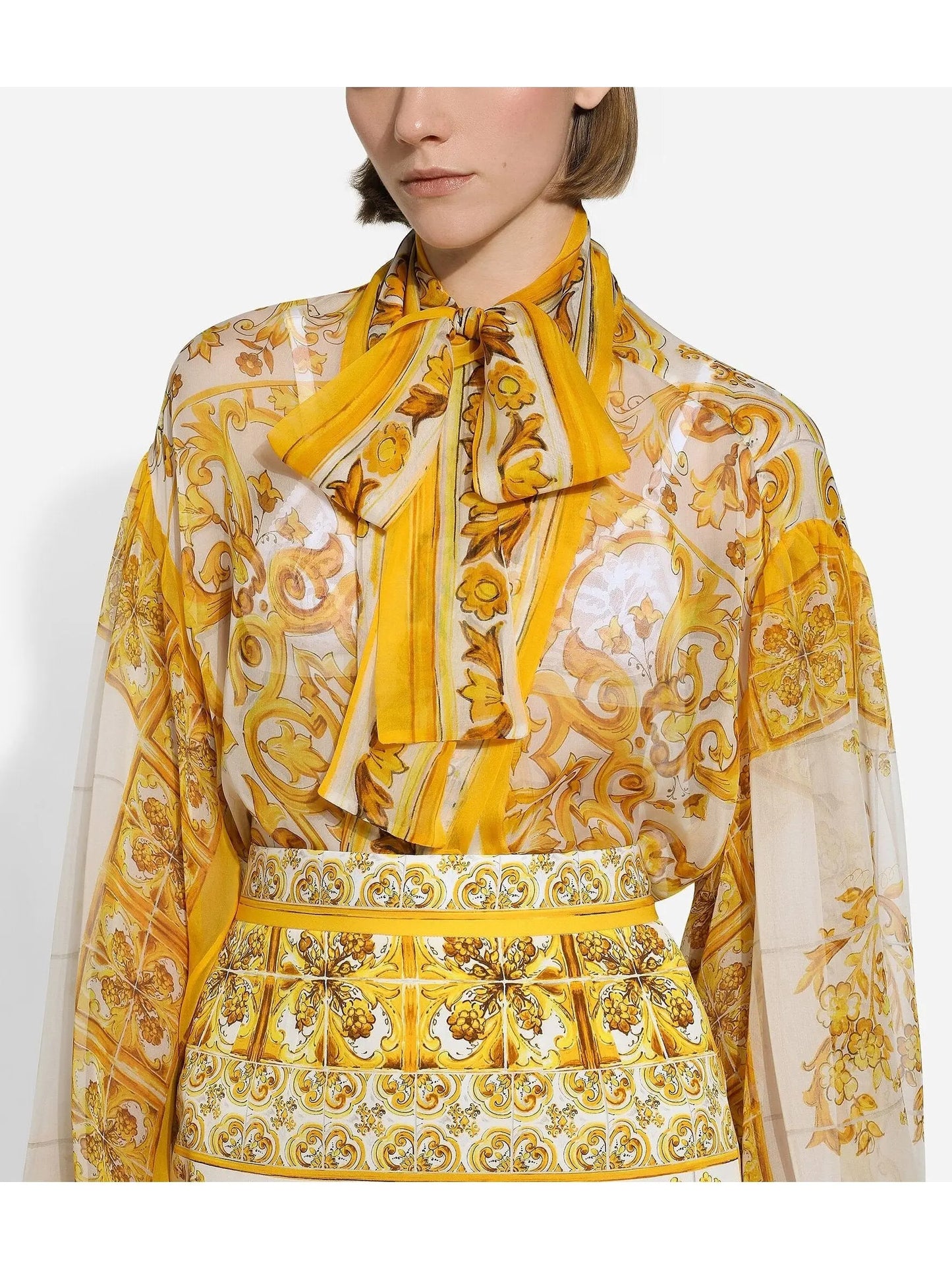 Majolica Printed Chiffon Blouse in Yellow and White - Branna Couture