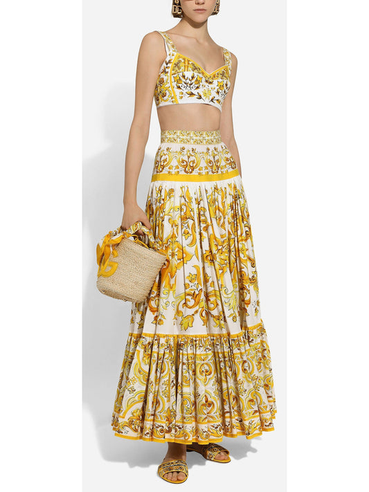 Majolica Printed Cotton Poplin Long Skirt in Yellow and White - Branna Couture