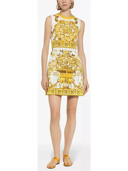 Majolica Printed Jacquard Mini Dress in Yellow and White - Branna Couture