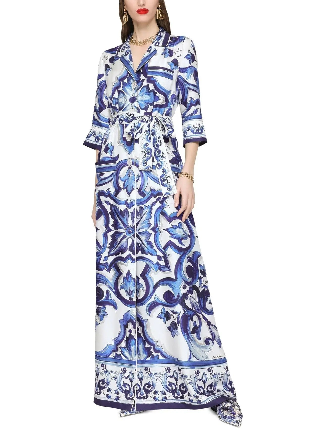 Majolica Printed Long Twill Shirt Dress, Blue - Branna Couture