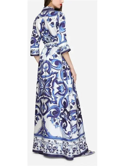 Majolica Printed Long Twill Shirt Dress, Blue - Branna Couture