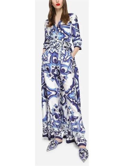 Majolica Printed Long Twill Shirt Dress, Blue - Branna Couture