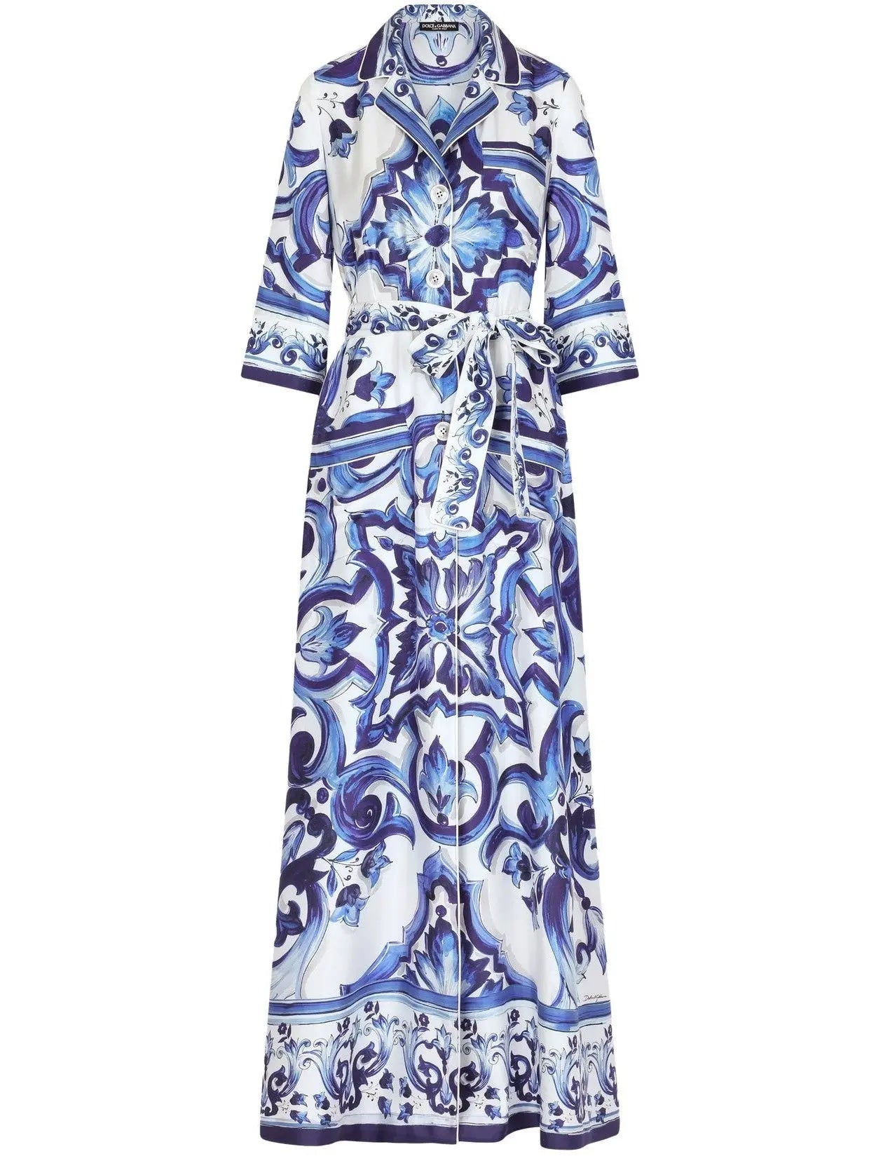 Majolica Printed Long Twill Shirt Dress, Blue - Branna Couture