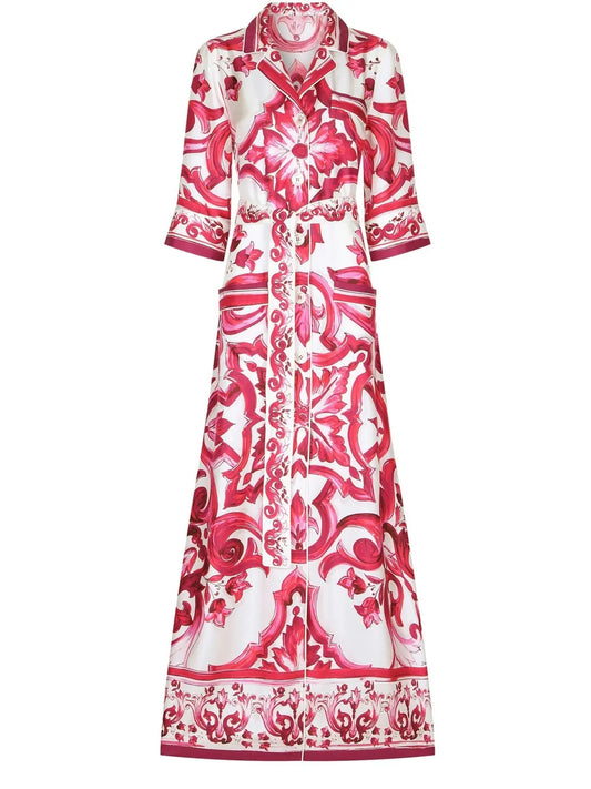 Majolica Printed Long Twill Shirt Dress, Red - Branna Couture