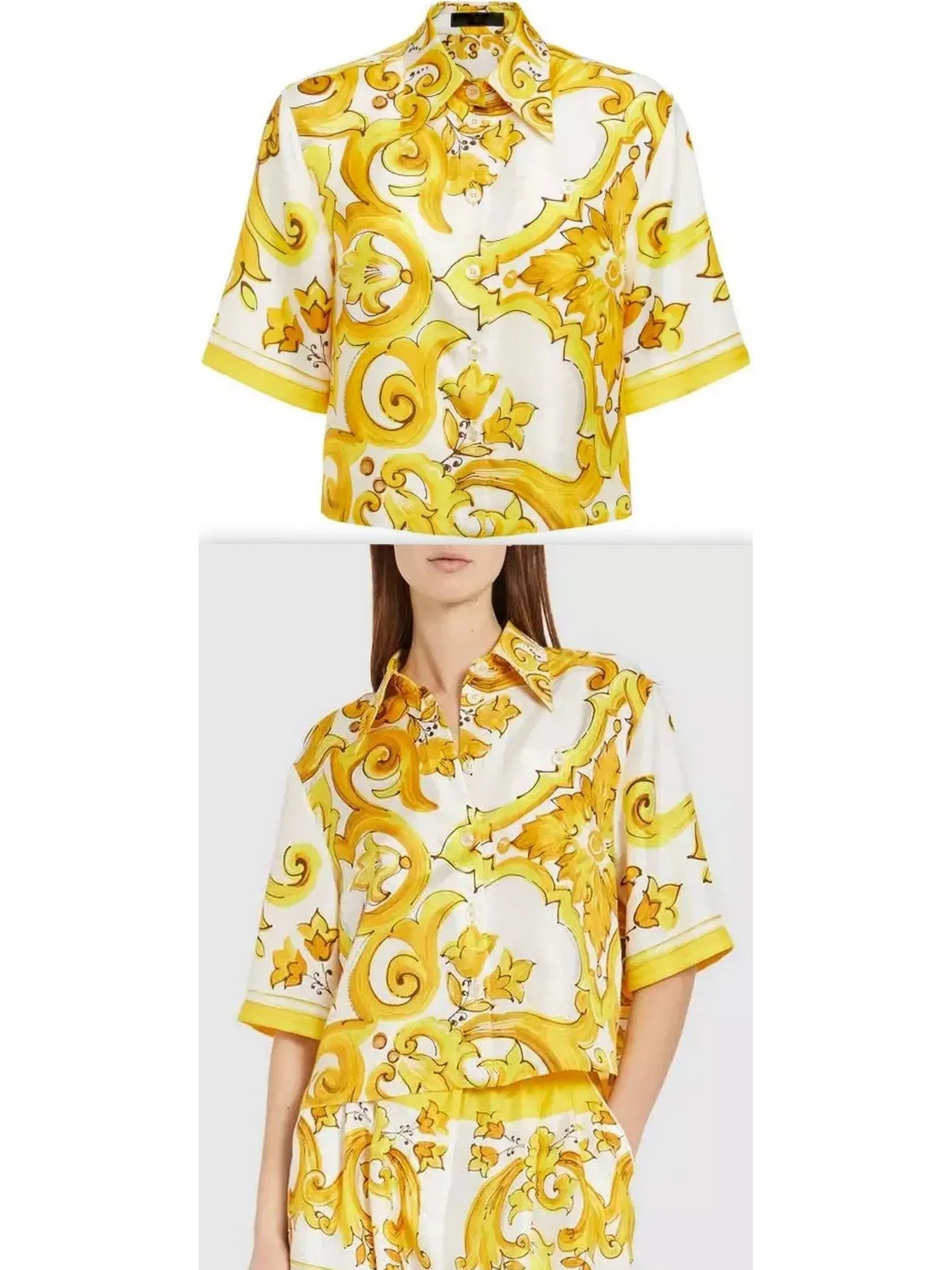 Majolica Printed Short-Sleeve Silk Shirt - Branna Couture