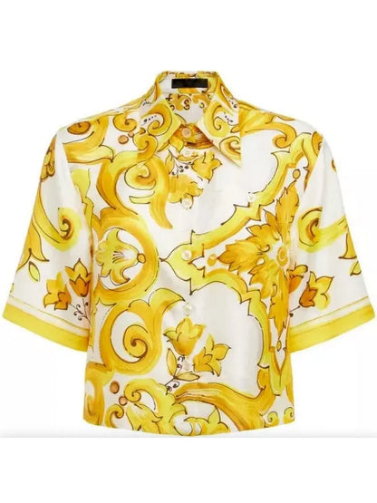 Majolica Printed Short-Sleeve Silk Shirt - Branna Couture