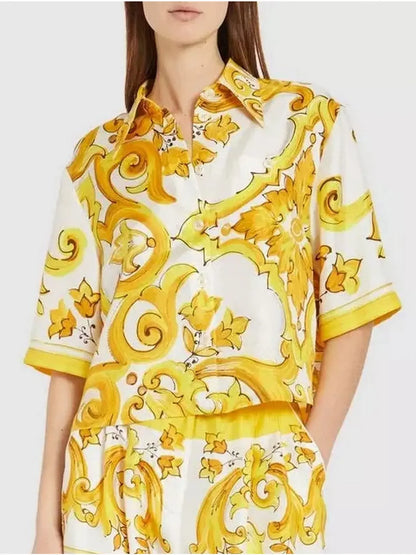 Majolica Printed Short-Sleeve Silk Shirt - Branna Couture