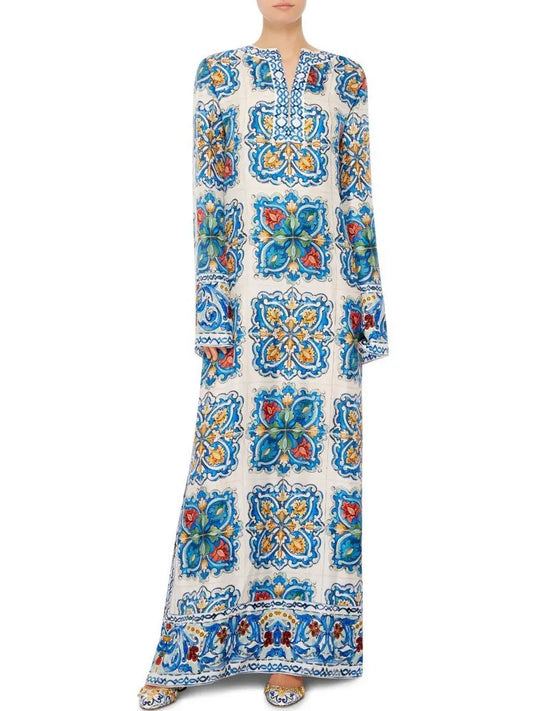 Majolica Tile Print Long Kaftan Dress - Branna Couture