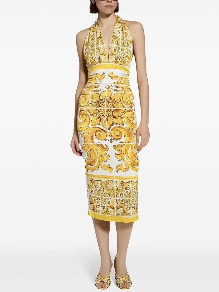 Majolica Tile Printed Halter-Neck Midi Dress Branna Couture