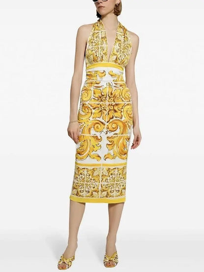 Majolica Tile Printed Halter-Neck Midi Dress Branna Couture