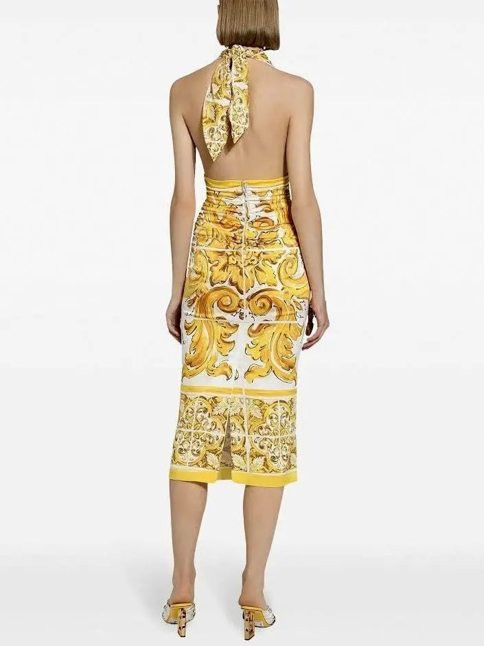 Majolica Tile Printed Halter-Neck Midi Dress Branna Couture