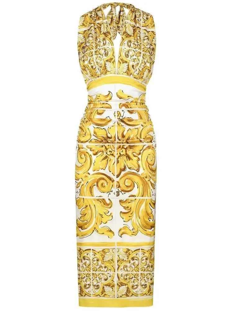 Majolica Tile Printed Halter-Neck Midi Dress Branna Couture