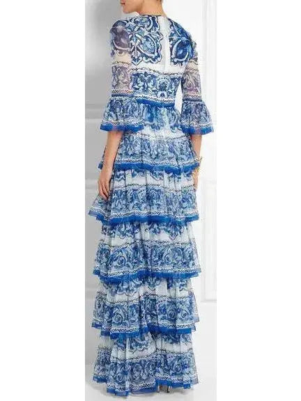 Majolica Tile Printed Tiered Gown - Branna Couture