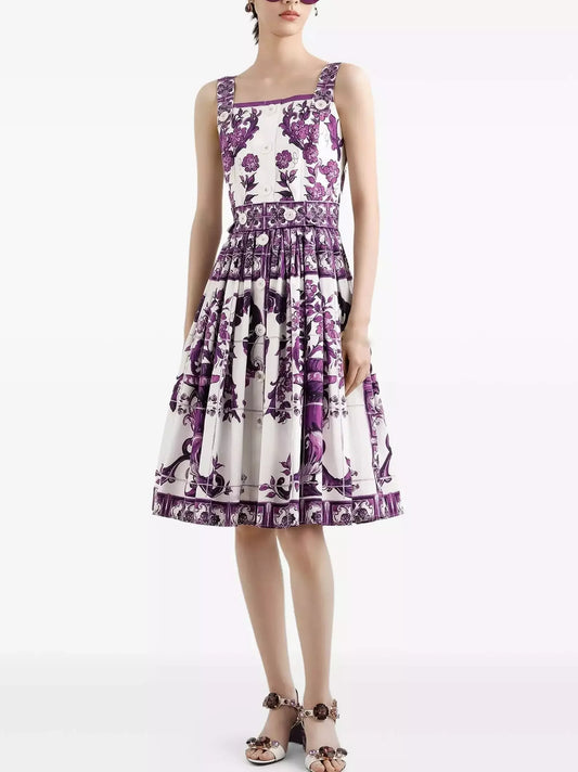 Majolica Print Purple and White Fit and Flare Sundress - S - Dresses