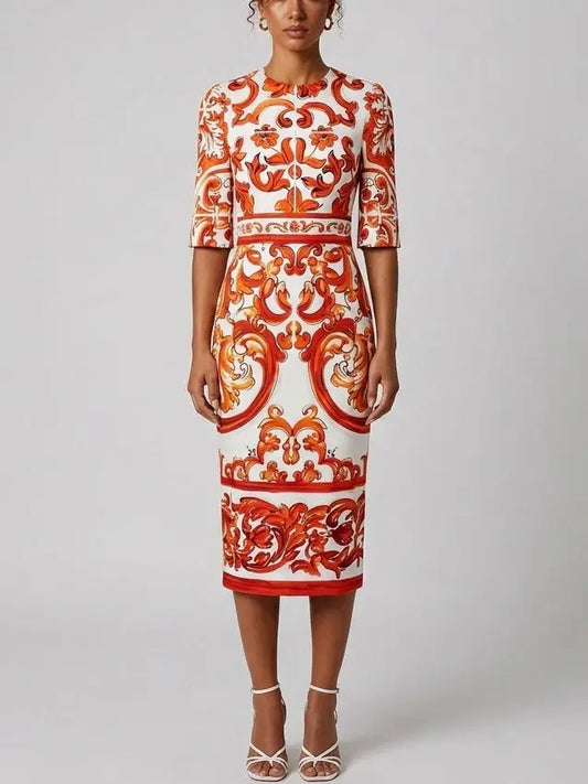 Majolica Print Silk Half Sleeve Midi Dress - S - Dresses
