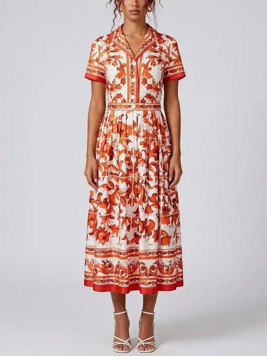 Majolica Print Silk Short Sleeve Shirt Dress - S - Dresses