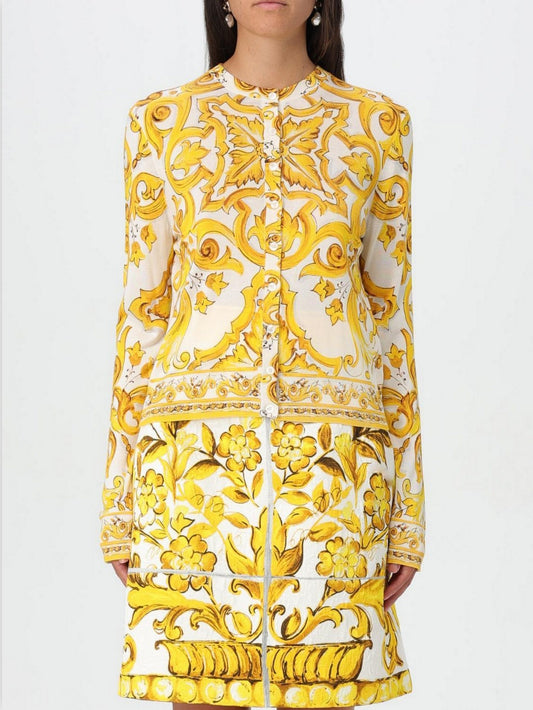 Majolica Print Yellow and White Silk Cardigan Sweater - Branna Couture