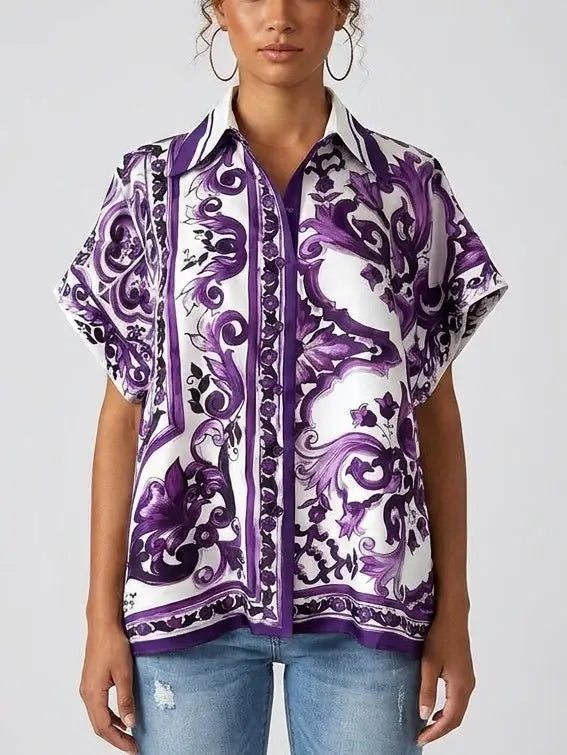 Majolica Scroll Print Cotton Short Sleeve Shirt - S - Tops