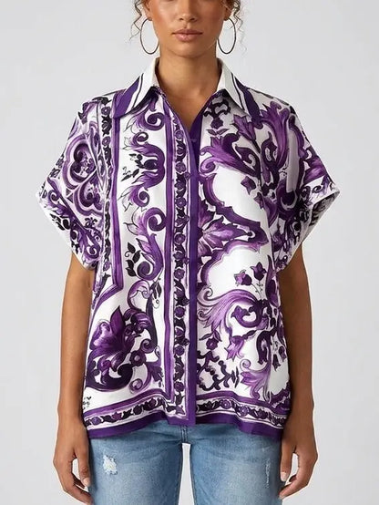 Majolica Scroll Print Cotton Short Sleeve Shirt - S - Tops