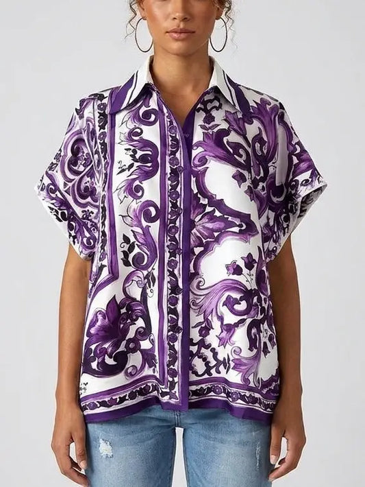 Majolica Scroll Print Cotton Short Sleeve Shirt - S - Tops