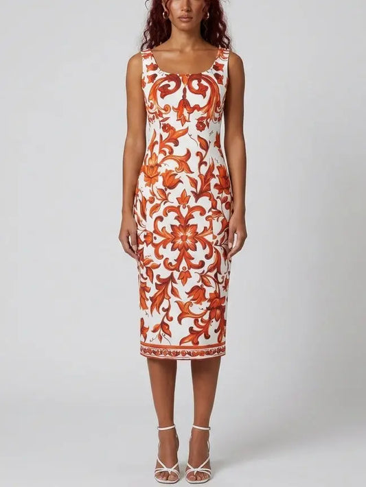 Majolica Scroll Print Silk Sheath Dress - S - Dresses