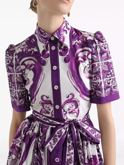 Majolica Italian Print Cotton Poplin Midi Shirt Dress