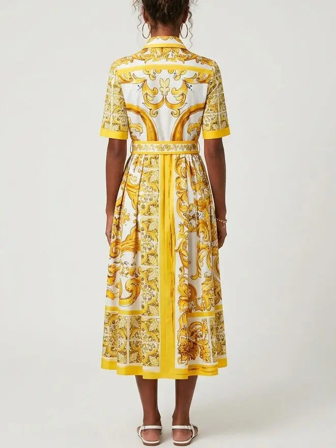 Majolica Italian Print Cotton Poplin Midi Shirt Dress - Dresses