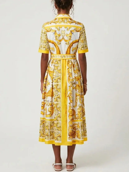 Majolica Italian Print Cotton Poplin Midi Shirt Dress - Dresses