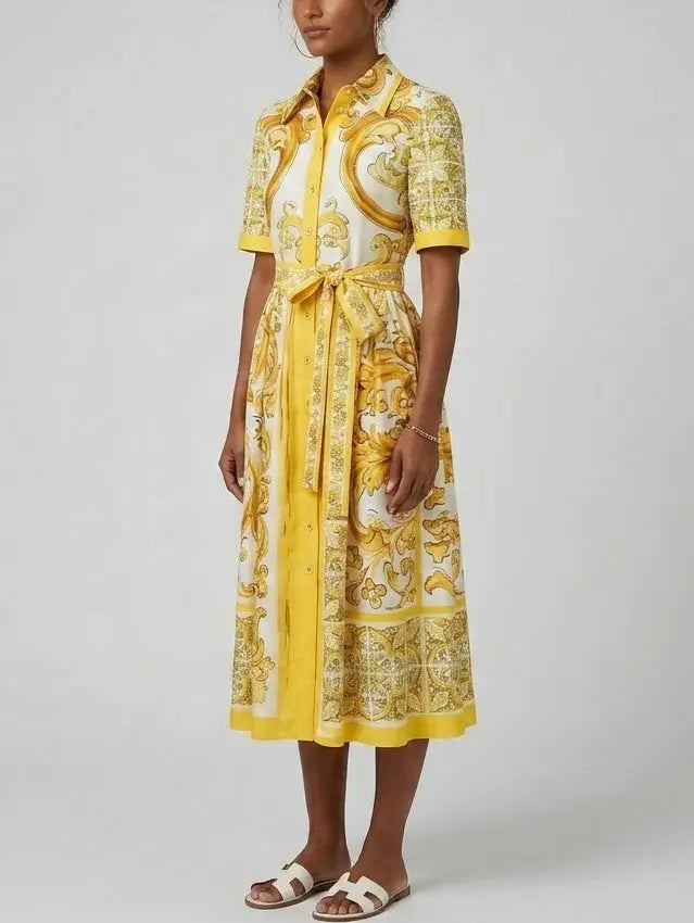Majolica Italian Print Cotton Poplin Midi Shirt Dress - Dresses