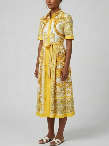 Majolica Italian Print Cotton Poplin Midi Shirt Dress - Dresses