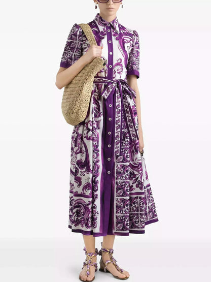 Majolica Italian Print Cotton Poplin Midi Shirt Dress