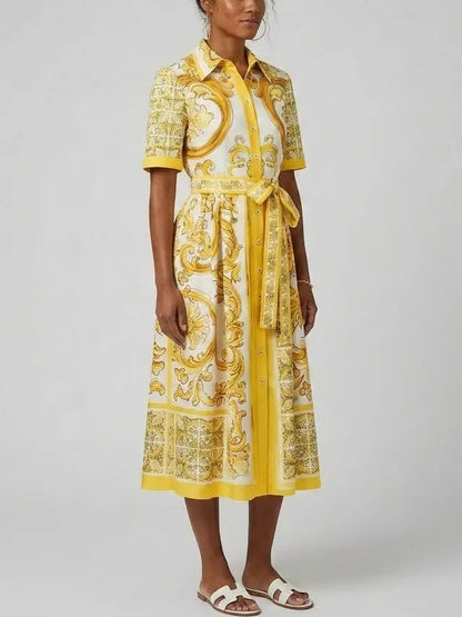 Majolica Italian Print Cotton Poplin Midi Shirt Dress - Dresses