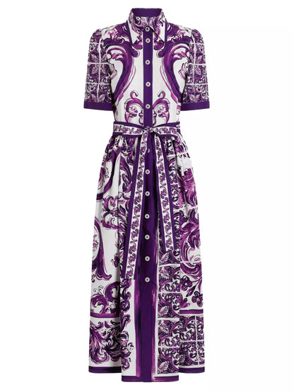 Majolica Italian Print Cotton Poplin Midi Shirt Dress