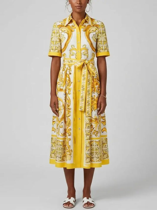 Majolica Italian Print Cotton Poplin Midi Shirt Dress - Dresses