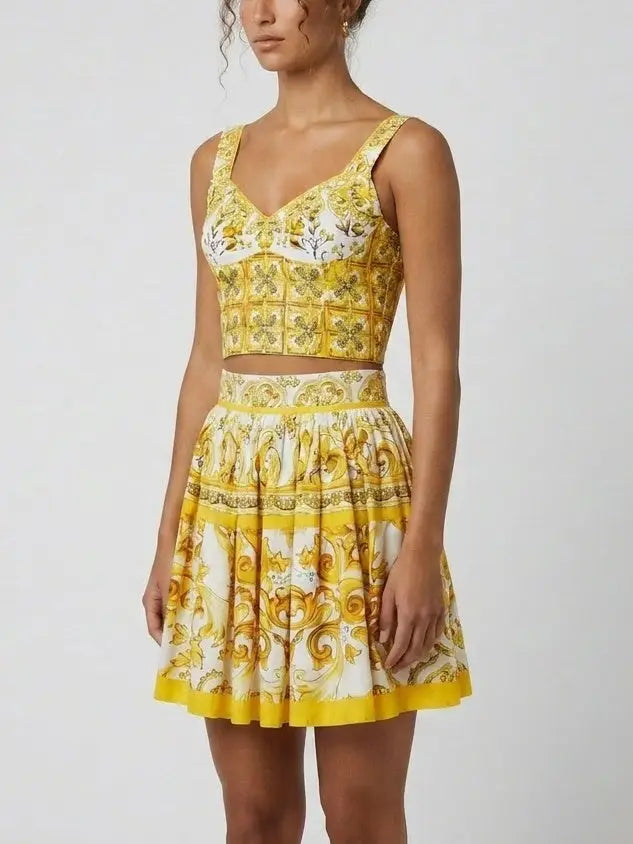 Majolica Print Corset Top and Skirt Set in Yellow and White - Suits & Sets