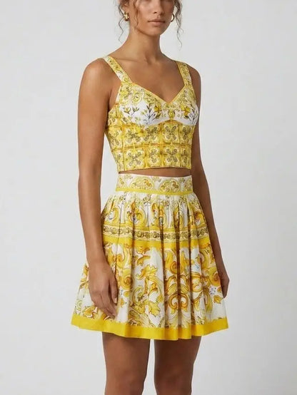 Majolica Print Corset Top and Skirt Set in Yellow and White - Suits & Sets