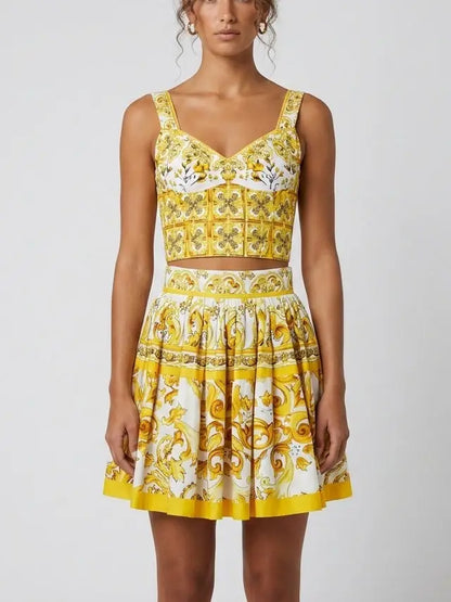 Majolica Print Corset Top and Skirt Set in Yellow and White - Suits & Sets