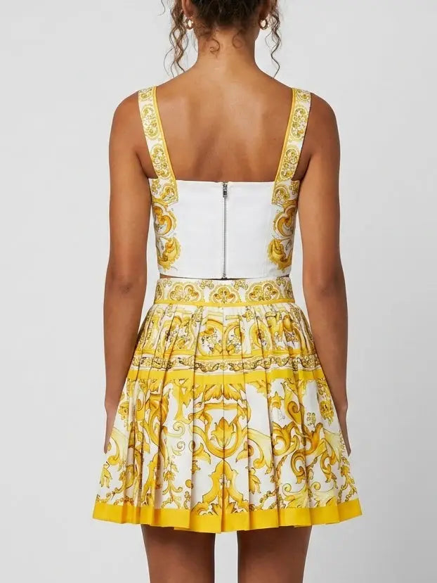 Majolica Print Corset Top and Skirt Set in Yellow and White - Suits & Sets