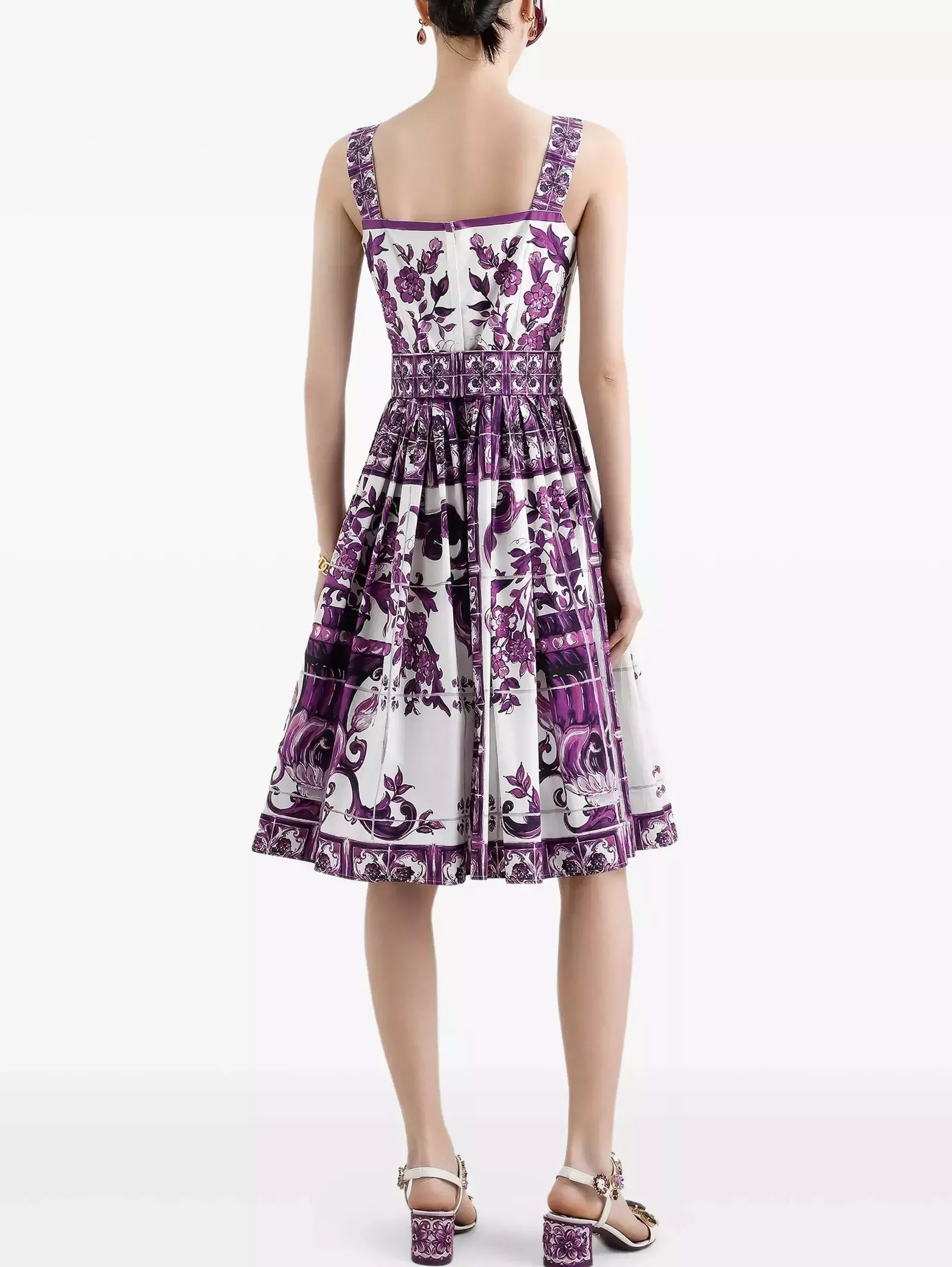 Majolica Print Purple and White Fit and Flare Sundress - Dresses