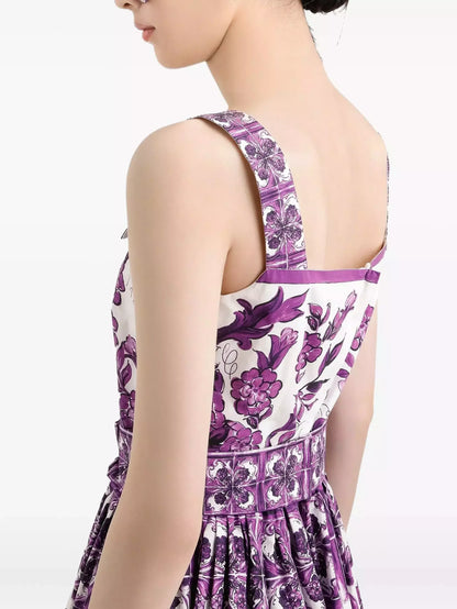 Majolica Print Purple and White Fit and Flare Sundress - Dresses