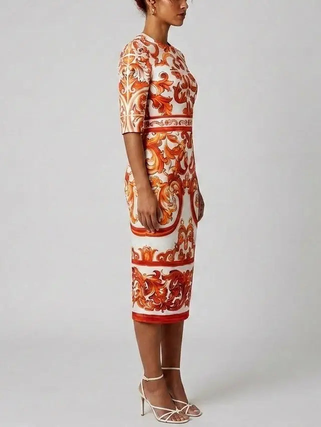Majolica Print Silk Half Sleeve Midi Dress - Dresses