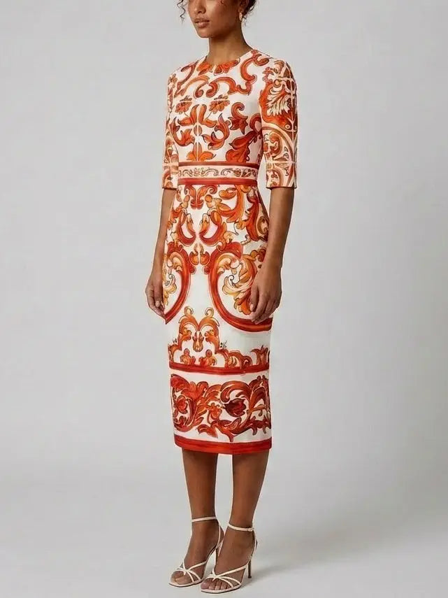 Majolica Print Silk Half Sleeve Midi Dress - Dresses