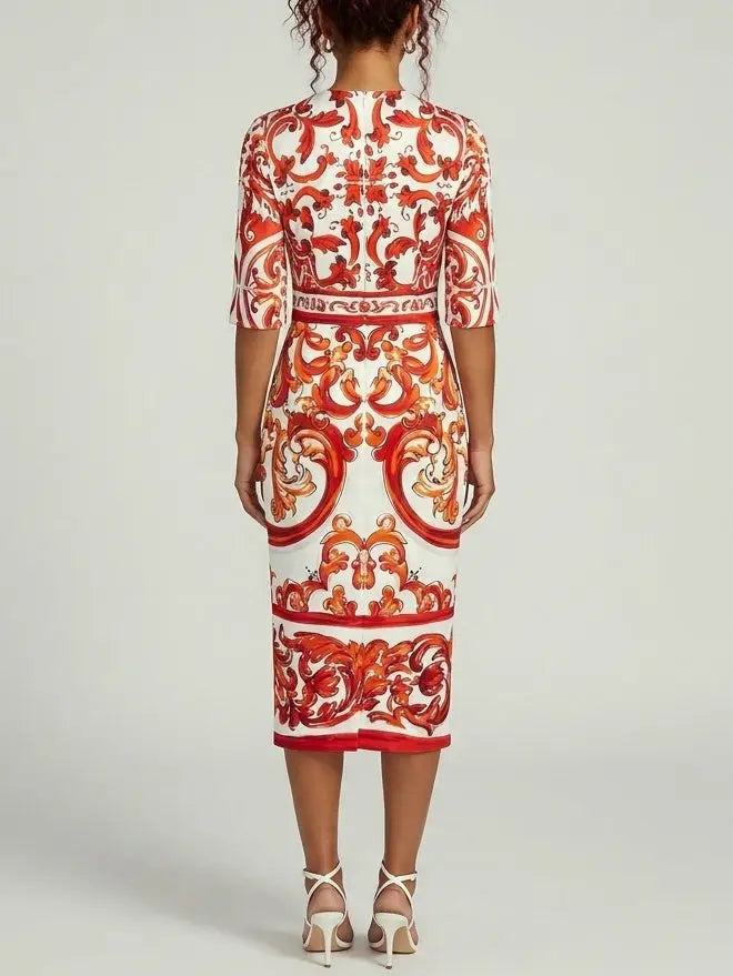 Majolica Print Silk Half Sleeve Midi Dress - Dresses