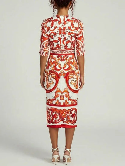 Majolica Print Silk Half Sleeve Midi Dress - Dresses