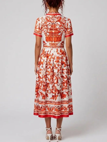 Majolica Print Silk Short Sleeve Shirt Dress - Dresses