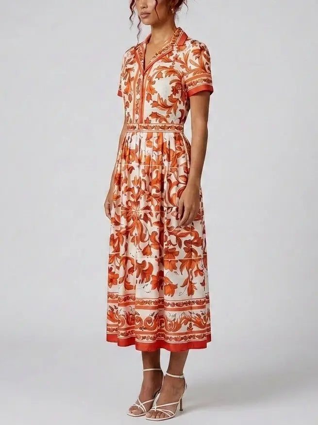 Majolica Print Silk Short Sleeve Shirt Dress - Dresses