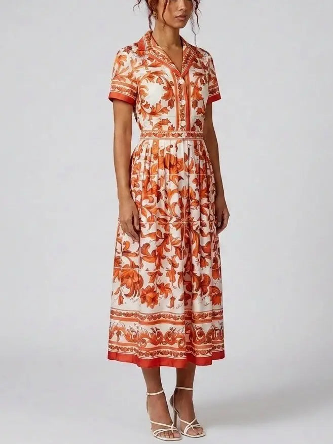 Majolica Print Silk Short Sleeve Shirt Dress - Dresses