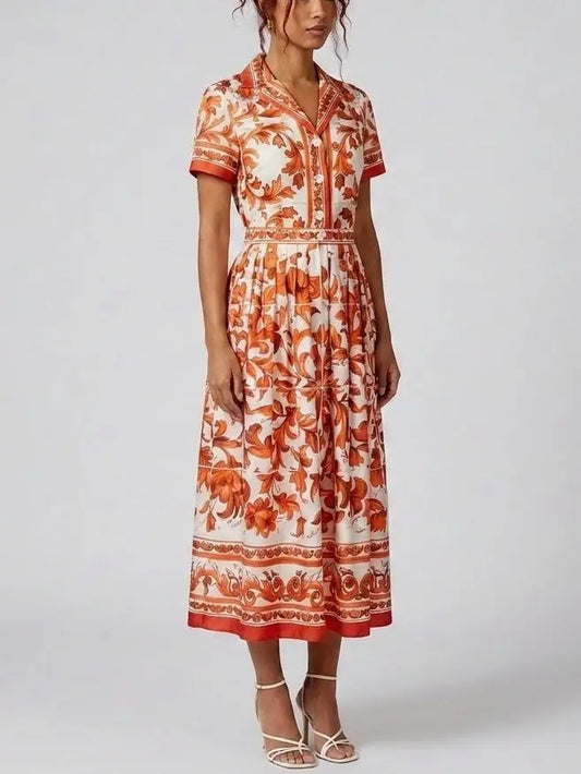 Majolica Print Silk Short Sleeve Shirt Dress - Dresses